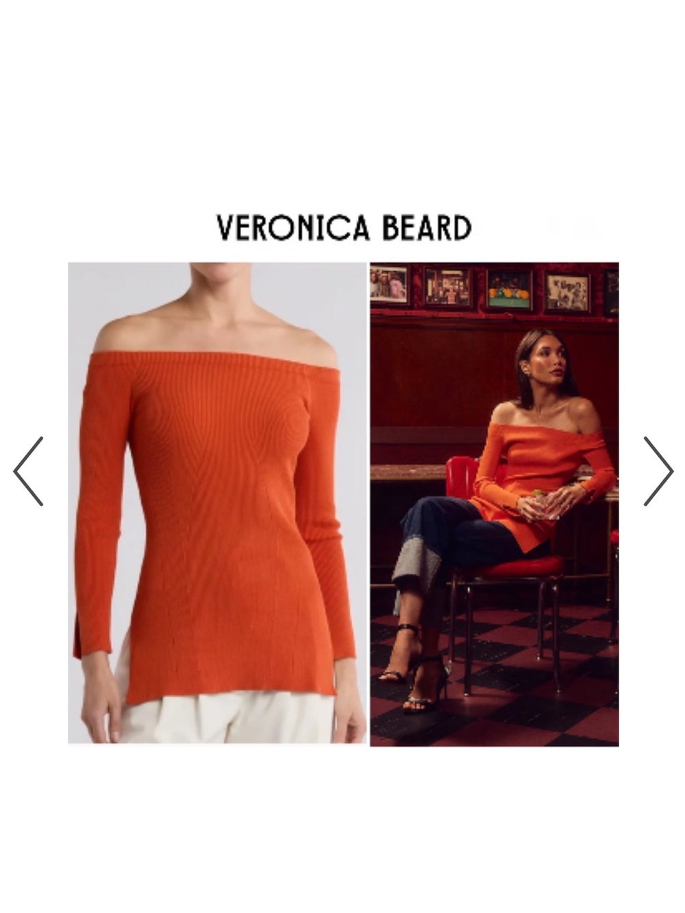 Veronica Beard Vibrant Deep Orange Derick Ribbed Off-Shoulder Pullover New 378$